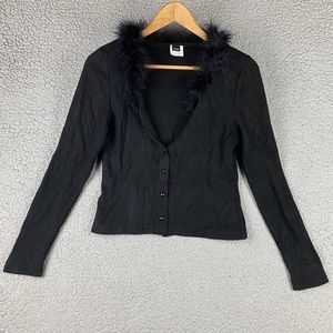 VTG Cardigan Sweater Faux Fur Collar Size M Black Made in USA Acrylic 90's PSSST